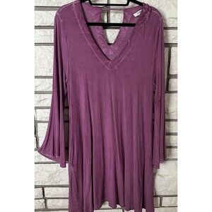 Umgee Womens Large Mauve V Neck Tunic Dress Bell Sleeve Knit Boho Hippie